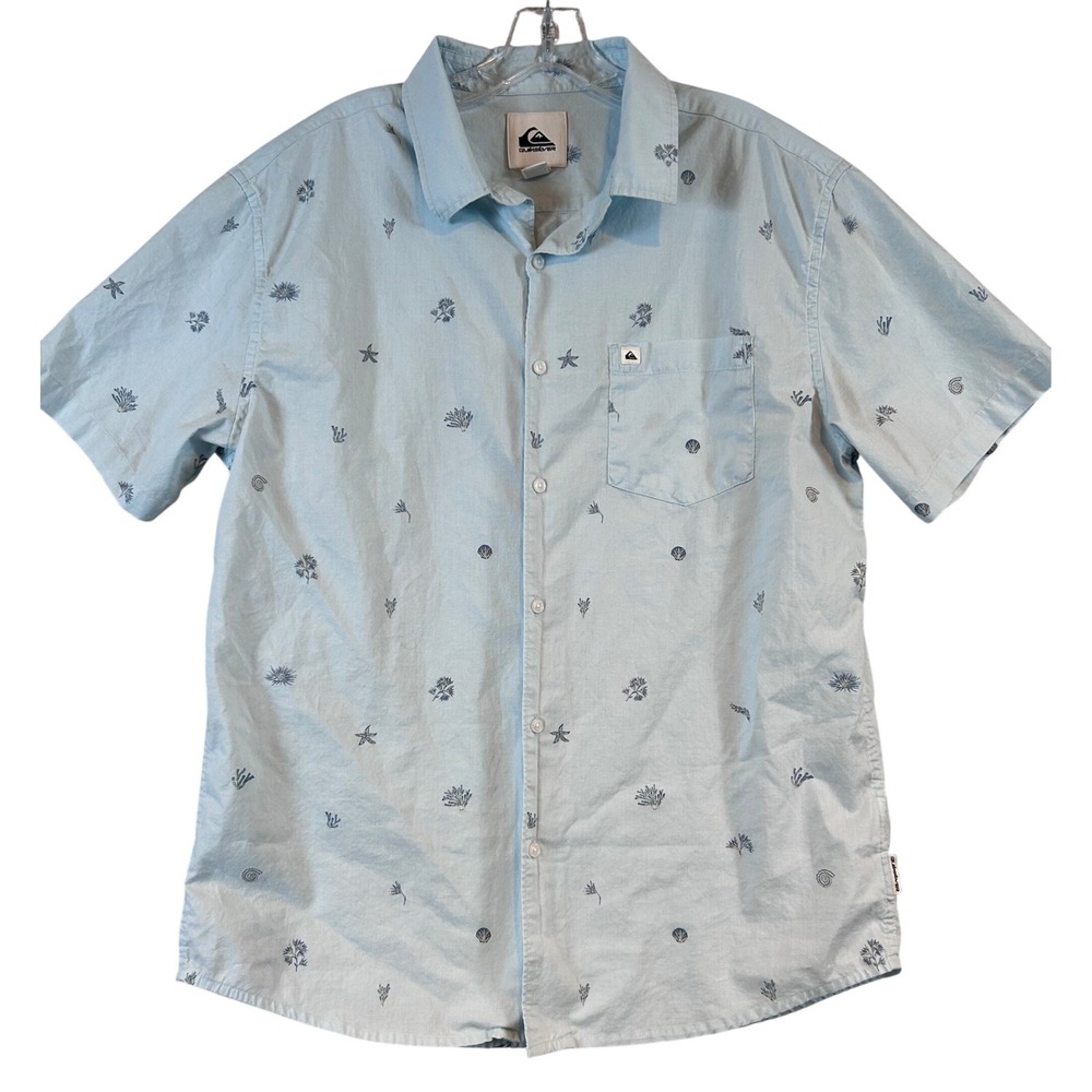 Quiksilver Mens Short Sleeve Button Down‎ Shirt Blue Nautical Sea Life Large AOP